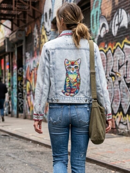 Upcycled Jackets & Blazers - Upcycled Light Wash Denim Jacket w Colorful Cat Patch Hand Embroidery